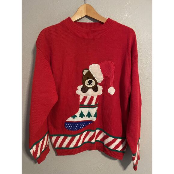 Vintage Pepper Sweater Womens Medium Red Christmas Bear Stocking Ugly Knit 90s - Picture 1 of 7